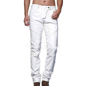 Pantalones de vaquero de cuero PU para hombre, precio al por mayor, ropa de moda de Otoño Invierno, pantalones de cuero en blanco sólido grueso de cintura alta - Product Image 2