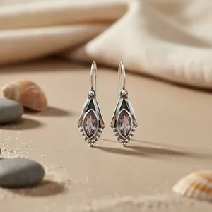 Bijoux en argent 925 pour femmes, élégantes boucles d'oreilles pendantes en améthyste, accessoire de mode - Product Image 1