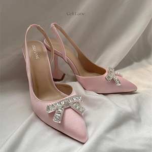 Vietnam Slingbacks Vibram Premium Paper Decorative Bow PU New Top Stone Chain Flared <b>Heel</b> Toe Box Bow-and-stone Slingbacks - Product Image 1