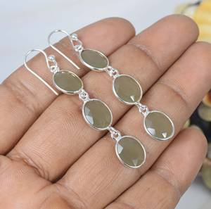 Pendientes de gota de corte brillante ovalado de tres piedras de Plata de Ley 925 sólida, joyería de Calcedonia gris hecha a mano para boda, fiesta, Pascua - Product Image 3