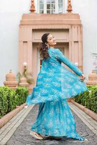 Sky Blue Designer Kurti Plazo Set Georgette con bordado pesado Trabajo Diseñador Partywear Salwar Suit para mujer Ropa de boda - Product Image 3