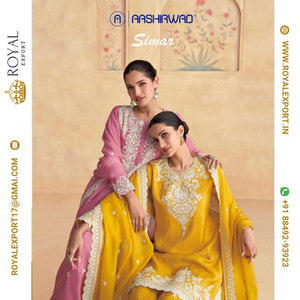 Présentation exclusive du nouveau fabricant de costumes pakistanais de vêtements ethniques cousus de taille libre en soie Simar lourde par Royal Export à Surat - Product Image 1