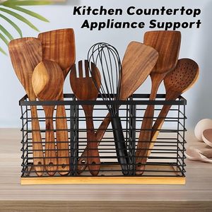 Matte Black <b>Kitchen</b> <b>Utensil</b> <b>Holder</b> Organizer with Wooden Base 3 Compartment Metal <b>Holder</b> for Counter Cooking <b>Utensils</b> - Product Image 5