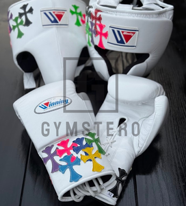 Ensemble de boxe bleu personnalisable de haute qualité en cuir de vache véritable avec fermeture à lacets, gants d'arts martiaux à doigts complets - Product Image 1