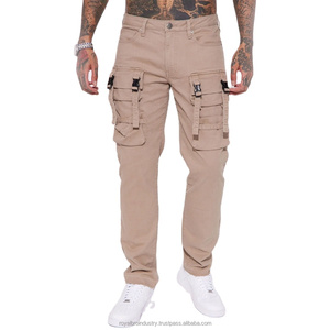 Wholesale 100% Cotton <b>Men's</b> Beige Cargo Denim Pants Slim Fit Buckle Straps Button Fly Paisley Pattern Stonewashed Dark Crystal - Product Image 1