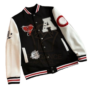 Blouson universitaire noir et blanc en toile à col montant, imprimé numérique sur le devant, coupe ample, manches longues, style baseball, vente en gros - Product Image 5