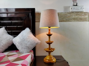 Handmade Solid Wood Carved <b>Table</b> Lamp With Flower Shape Base And Beige Shade For Home Decoration Folk Art Style - Product Image 5