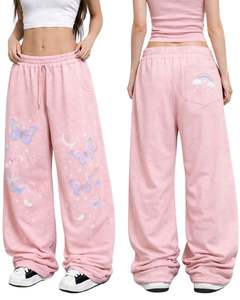 Customized Pink Butterfly Moon Print Wide Leg Sweatpants <b>Women</b> Oversized Cute Streetwear <b>Fleece</b> Jogger Pants Custom OEM ODM - Product Image 6