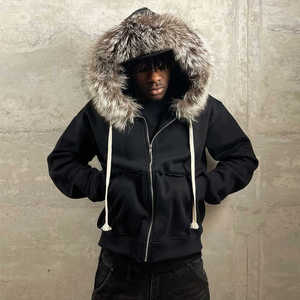 Fabricantes de ropa personalizado 400gsm 500gsm French Terry desgastado con capucha de piel desmontable con cremallera chaqueta con capucha para hombres - Product Image 1