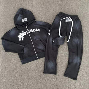 Custom Acid Wash Vintage Sun fade Full Zip up Chándal Loose Fit 100% Algodón Puff Print Sweatpant Heavyweight Sweatsuit - Product Image 1