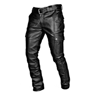 Pantalones de moda elásticos ajustados de cuero PU para hombre, pantalones de motocicleta, ropa de calle fina, pantalones acampanados apilados de cuero para hombre - Product Image 5
