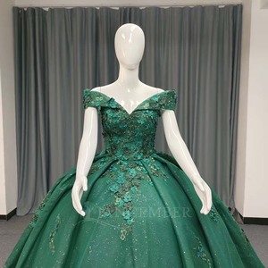 ANY187 Glitter Sweetheart <b>Emerald</b> Green Crystal Beading Lace Appliqued Print Evening Party Ball Gown <b>Dress</b> - Product Image 3