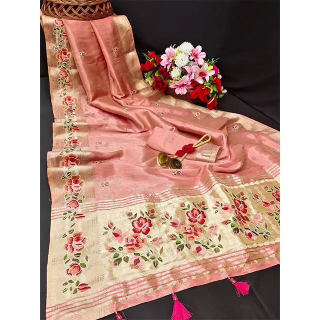 Soft Fancy silk saree with traditional embroidered work on pallu and border and small butties all over with Running blouse piec