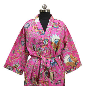 เสื้อคลุมกิโมโนผ้าฝ้ายอินเดียน้ำหนักเบาพิมพ์ลายสีชมพูสำหรับผู้หญิงชุดนอนลำลองฤดูร้อนอาบน้ำอาบน้ำชุดคลุมชายหาดฤดูใบไม้ร่วง - Product Image 1