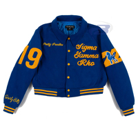 Blouson Bomber d'Hiver Sigma Gamma Rho Coupe Varsity, Coupe-Vent, Respirant, Patchwork, Lettres Brodées, Style Universitaire, Streetwear Bleu