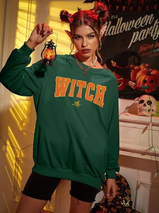Sudaderas con capucha con estampado de bruja de Halloween de gran tamaño para mujer, sudaderas gráficas de lana, jersey de manga larga con bolsillo, nueva moda 2025 - Product Image 5