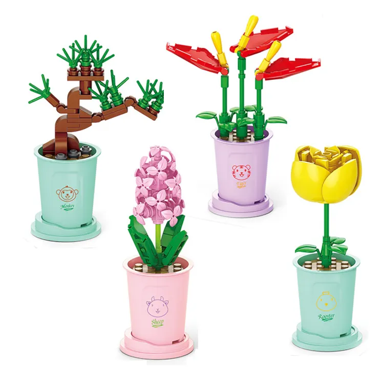 EPT $1 dólar promoción juguetes flor planta en maceta bloques de construcción Diy montaje plástico escritorio niñas entrenamiento juguete educativo