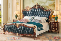 B22 # Ensemble de meubles de chambre à coucher en cuir antique de luxe européen, cadre en chêne massif français, sculpté à la main, lit réglable durable et confortable
