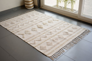 Handmade <b>Boho</b> Moroccan White Cotton <b>Rug</b> Loop Pile Design with Geometric Pattern for Minimalist Home Decor - Product Image 3