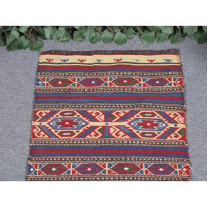 Turkish Vintage <b>Wool</b> Rug 1.9x3.1 ft (57x95 Cm) Kilim Patchwork <b>Red</b> Blue Southwestern Latex Backed Rug - Product Image 3