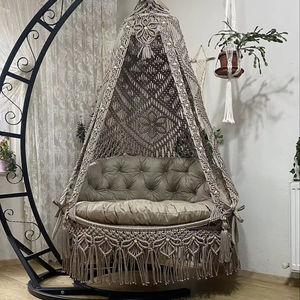 เก้าอี้แขวนแบบมาคราเม่ ทำจากเชือกฝ้ายขนาดใหญ่ พร้อมขาตั้งโลหะ สไตล์โบโฮ ทอมือ เก้าอี้สวิงขนาดใหญ่สำหรับผู้ใหญ่ - Product Image 1