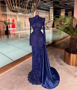 Silueta de sirena azul marino con cuentas transpirable de talla grande vestido de noche hasta el suelo adorno transparente tren de cintura Natural - Product Image 1