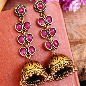 Meilleure vente exquise boucles d'oreilles Jhumka en argent oxydé avec conception de feuille de cristal bijoux de haute qualité fournisseur indien direct - Product Image 1
