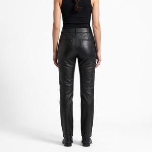 Pantalon en cuir pour femme, coupe droite, en cuir d'agneau véritable, taille haute, plissé, logo personnalisé, OEM, vente en gros - Product Image 2