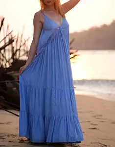 Vestido bohemio de rayón Tie-Dye para mujer, tendencia caliente, cuello en V, largo, con volantes, ropa de fiesta en la playa con borlas y vestido de correa ajustable - Product Image 4