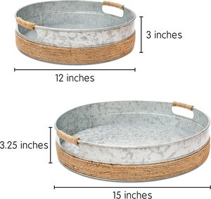 Vente chaude Moderne ronde galvanisée Bordure de corde en métal Plateau de service Taille personnalisée Fer avec poignées robustes Maisons Cafés Restaurants - Product Image 2