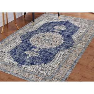 Tapis turc bleu marine : motif ethnique délavé, tapis antidérapant, tapis doux non tissé - Product Image 1