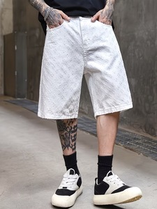 Shorts décontractés pour hommes en denim blanc patchwork, taille mi-haute, entrejambe de 5 pouces, fermeture boutonnée, poches, style urbain, respirant, coupe-vent - Product Image 3