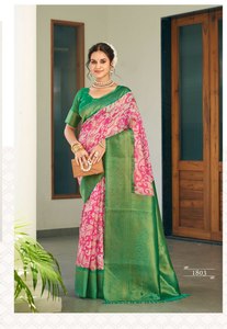 Saree classique traditionnel en soie Banarsi douce de créateur pur tissé à la main avec chemisier pour des occasions spéciales et des fêtes - Product Image 3