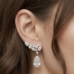 Boucles d'oreilles pendantes style climber en or blanc 18 carats avec pierres latérales, diamant de laboratoire taille poire, certifié IGI, cadeau de mariage pour femme - Product Image 2