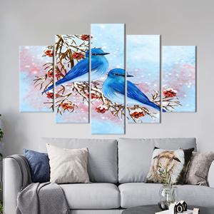 Toile imprimée décorative : Art abstrait bleu avec deux oiseaux pour maison moderne, lot de 5 pièces : Toile encadrée - Product Image 1