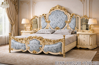 Lit royal classique très vendu, finition or antique, design opulent inspiré du rococo, bleu roi capitonné en bois de teck