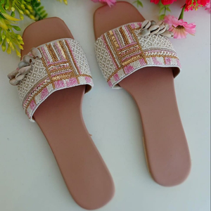 Weaving Threads Slip on Style Ladies Beaded Hand Embroidered Leather <b>Slippers</b> Women Designer Embroidery <b>Slipper</b> - Product Image 1