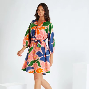 Nouveauté robe longue décontractée en coton imprimée à la main élégante pour femmes 100% robe maxi/ midi en coton imprimé lavable - Product Image 1