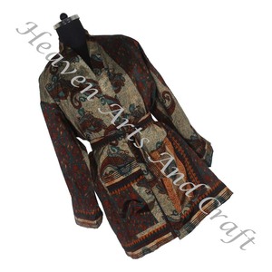KS007 Beautiful Vintage Silk Sari Floral Jacket Bohemian Winter Short Hand Made With Belt Closer Vintage Sari Kimono Short - Product Image 2