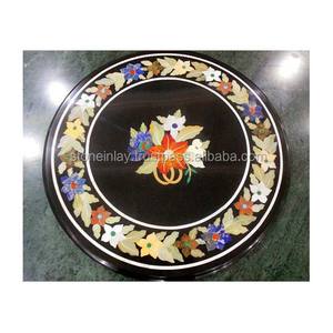 Mesa con Tapa de Mármol Negro Pulido de Forma Redonda con Incrustaciones de Piedra Dura para Decoración del Hogar y Otros Usos - Product Image 1