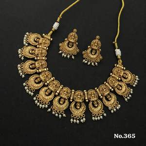 Antique <b>Gold</b> Necklace <b>Set</b> with Floral Motif and Colorful Stones Traditional Indian Jewelry for Wedding and Festive Wear - Product Image 5