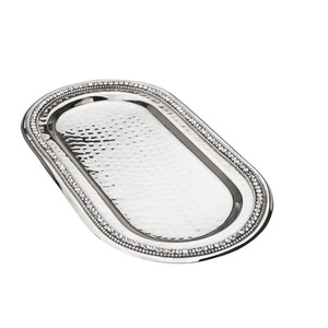 Plateau de service en métal martelé de forme ovale, plaqué nickel argenté, plateau de service pour le dîner et le petit déjeuner, plateau à café de table pour hôtels - Product Image 1