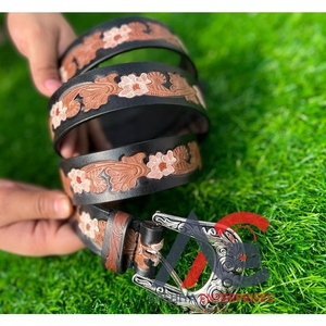 Cinturones Unisex de Cuero Genuino, Longitud Personalizada, Diseño Floral Pintado a Mano, Cinturones Hechos a Mano, Estilo Occidental, Novedad - Product Image 1