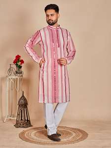 Manyavar Original Designer Hommes Mariage Kurta Pyjama Classique Georgette Riche Fil À Broder Travail Soie Matériel Gaufré Fait - Product Image 5