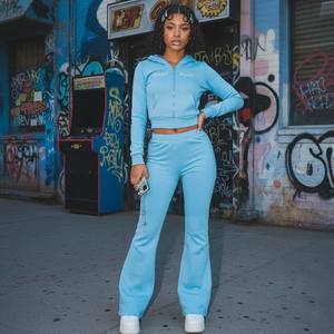 Ensemble deux pièces Y2K esthétique en velours coton bleu ciel uni pour femme : sweat à capuche zippé ajusté et short moulant - Product Image 1