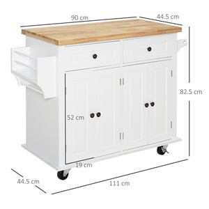 HOMCOM Chariot de cuisine avec 2 tiroirs et 2 armoires, îlot de cuisine avec dessus en bois, porte-épices et porte-torchon, blanc - Product Image 3