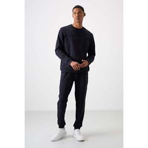 Ensemble de survêtement pour homme en coton bleu marine, épais, doux, texturé, coupe confortable, imprimé - 85253 - Bleu marine/marine - Product Image 1