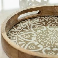 Plateau décoratif rond en bois massif de style rustique et luxueux, peint à la main, compatible lave-vaisselle, taille personnalisée, vaisselle de cuisine