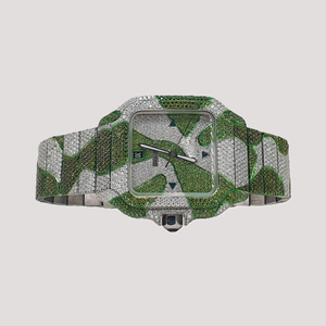 Montre Hip Hop Miyota mécanique analogique à bracelet en acier inoxydable, sertie de diamants moissanite verts et blancs, cristal saphir, édition limitée - Product Image 1