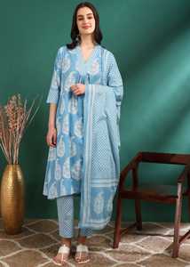 Kurta de Algodón con Estampado Buta para Mujer, con Pantalón de Pierna Ancha Elástica y Dupatta, Largo hasta la Pantorrilla, Cuello en V, Manga Tres Cuartos, Azul - Product Image 6